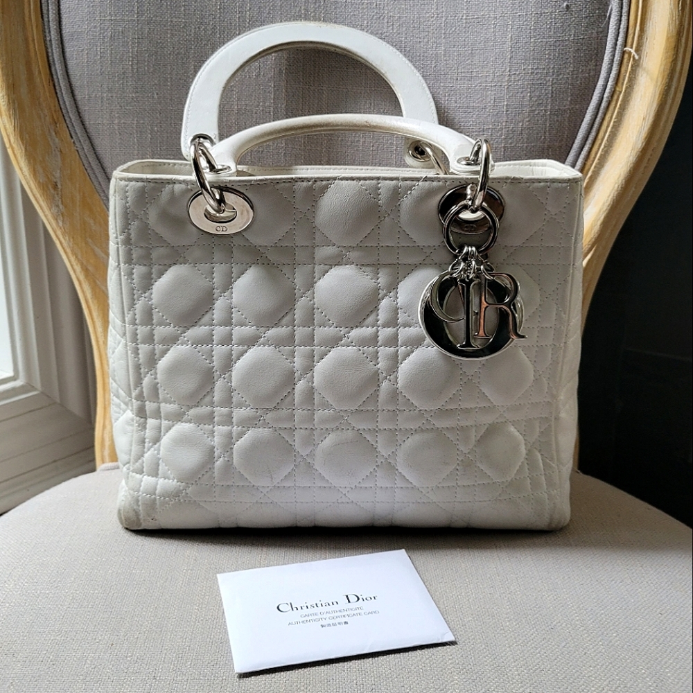 Vintage 1999 Lady Dior bag (Medium) in white lambskin leather